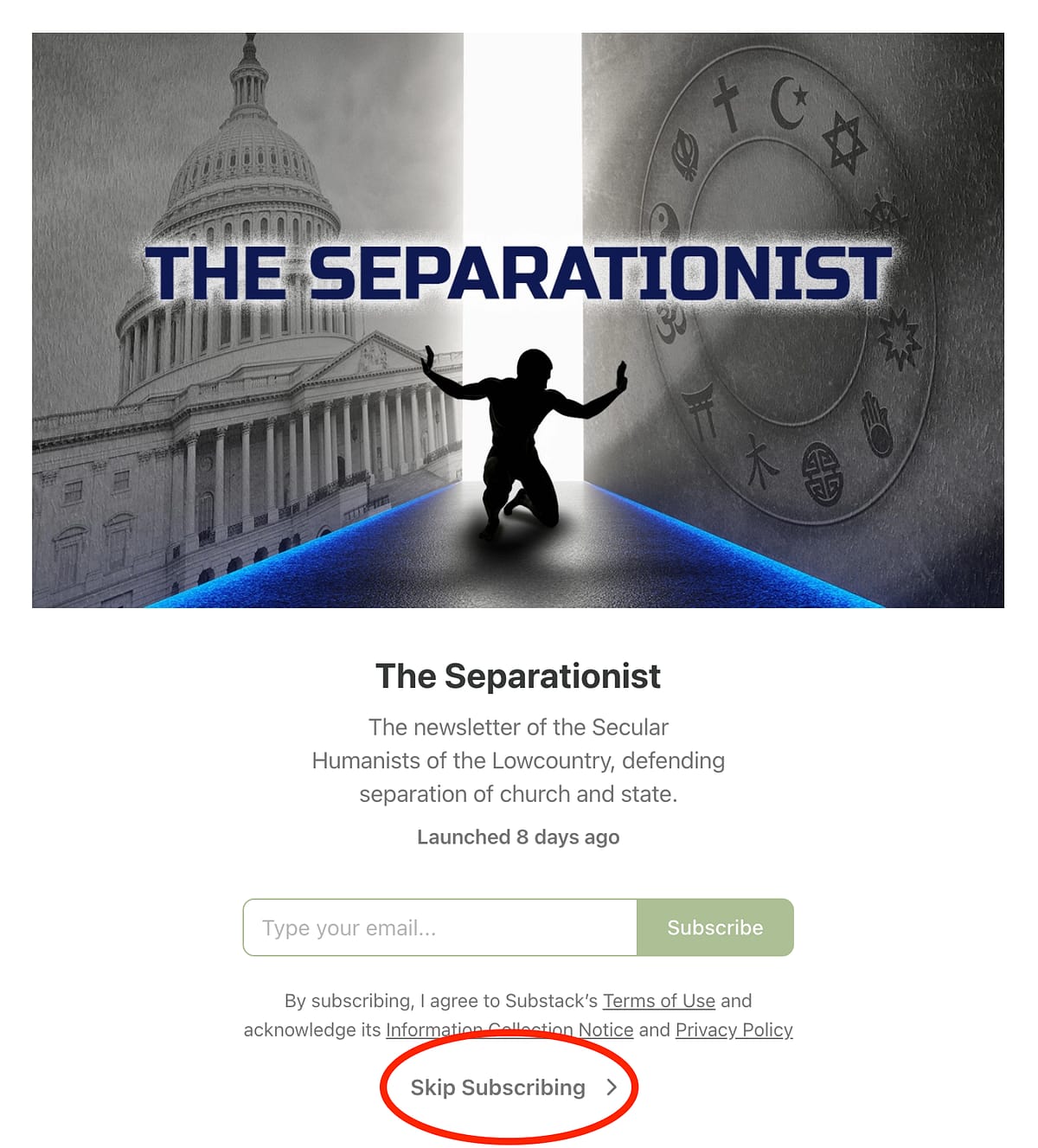 Skip Subscribing Screen capture of Substack Welcome Page with "Skip Subscribing" circled<br />